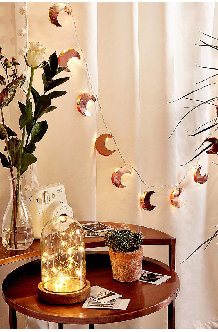 Rose Gold Moon String Lights - 19.7ft 40 LED Battery Powered Fairy Lights with Copper Metal Lanterns for Bedroom, Wedding, Garden Decor | Romantic Ambiance Lighting for Outdoor Patio, Party, Home Decor (Rosa Gold Moon Lights)