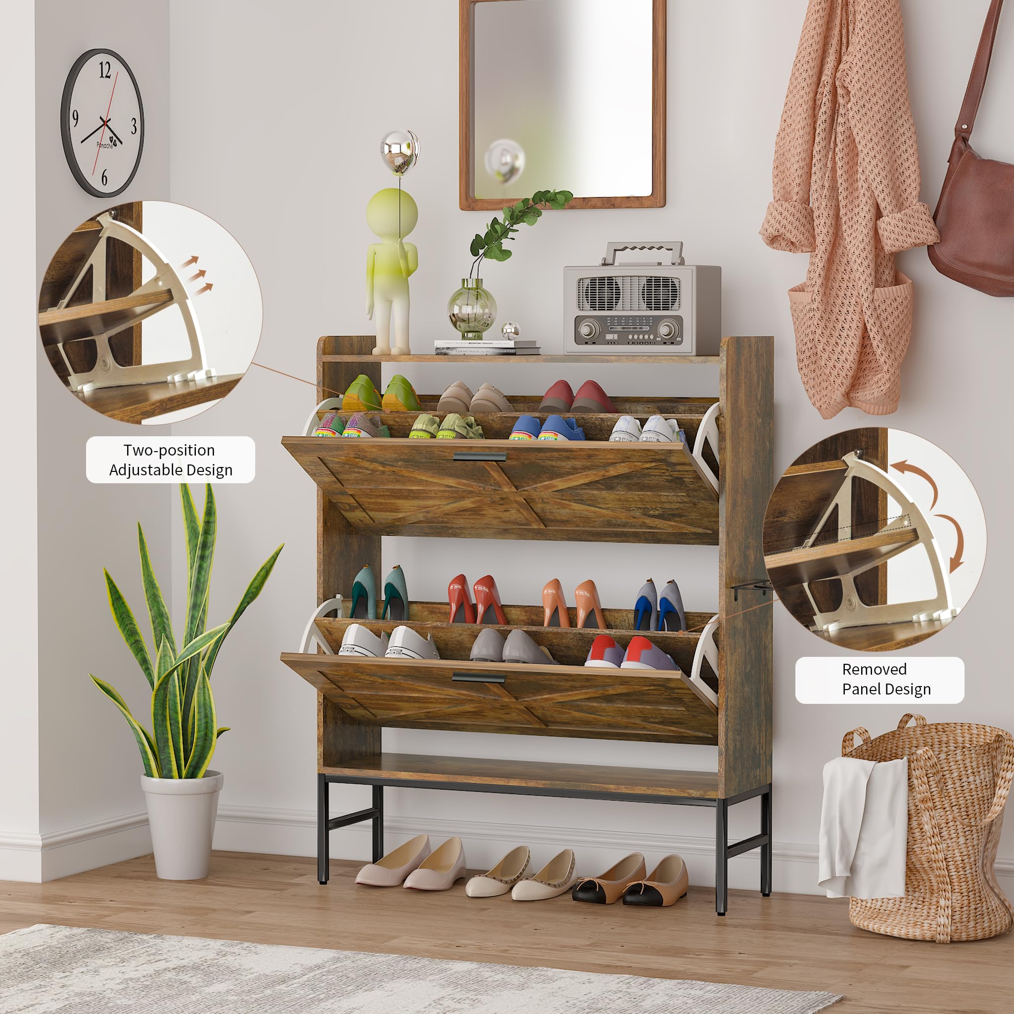 Rustic Brown Shoe Cabinet with 2 Flip Drawers & Boot Rack - Narrow Shoe Storage Organizer for Entryway, Foyer, Hallway - Perfect for Small Spaces & Closet Organization