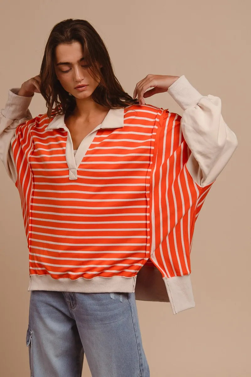 BiBi Stripe Knit Loose Fit T-Shirt with Cut Edge Detail - Casual Women's Top for Everyday Wear, Outings & Layering