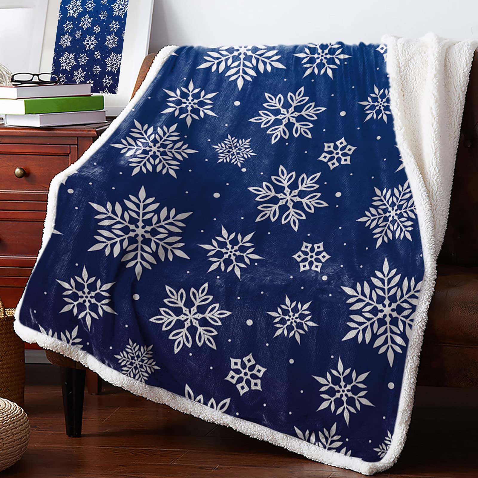 T&H XHome Sherpa Fleece Throw Blanket - Ultra Soft & Warm Reversible Microfiber Blanket (40x50 Inches) - Cozy Snowflake Blue Textured Design for Bed, Couch, Sofa & Travel - Perfect for Winter, Christmas & All Season Use