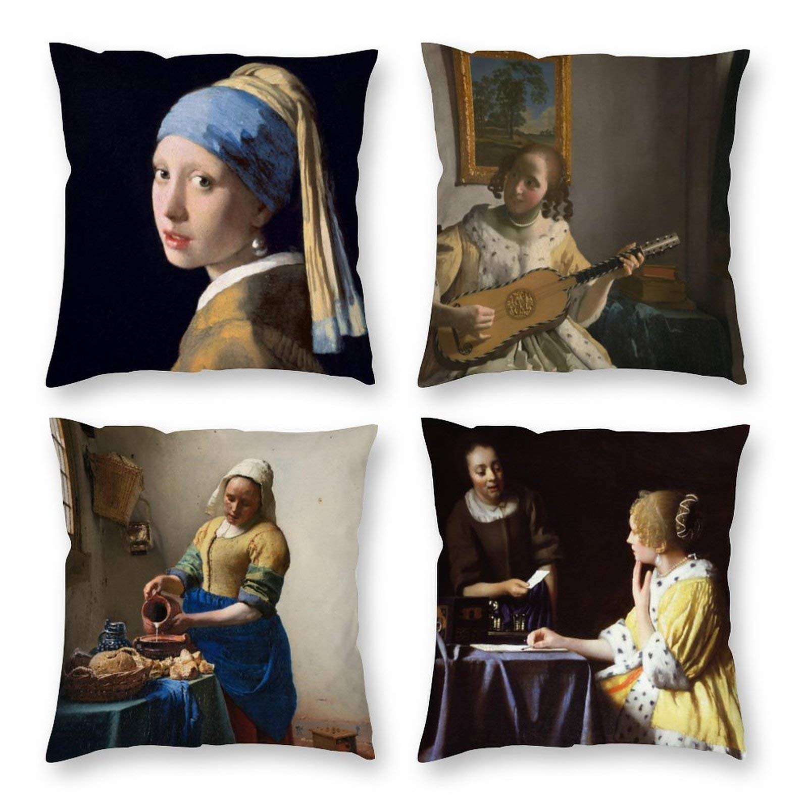 Johannes Vermeer Art Throw Pillow Covers Set of 4 - 18x18 Inch Square Decorative Cushion Covers for Sofa, Bed & Outdoor Use (45x45 cm)