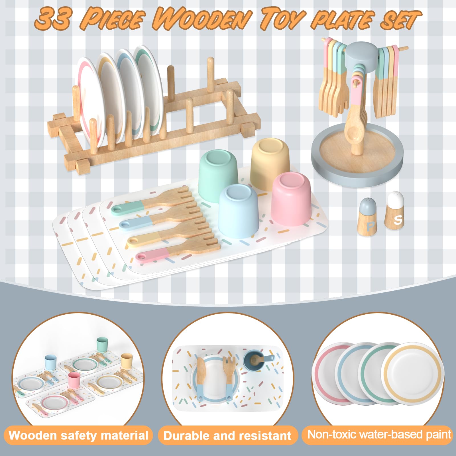 IIFONII 33PCS Wooden Kitchen Playset for Kids - Montessori Pretend Play Toy Dishes & Accessories for Toddlers 1-6 Years, Perfect for Home, Preschool & Daycare Pretend Cooking Fun