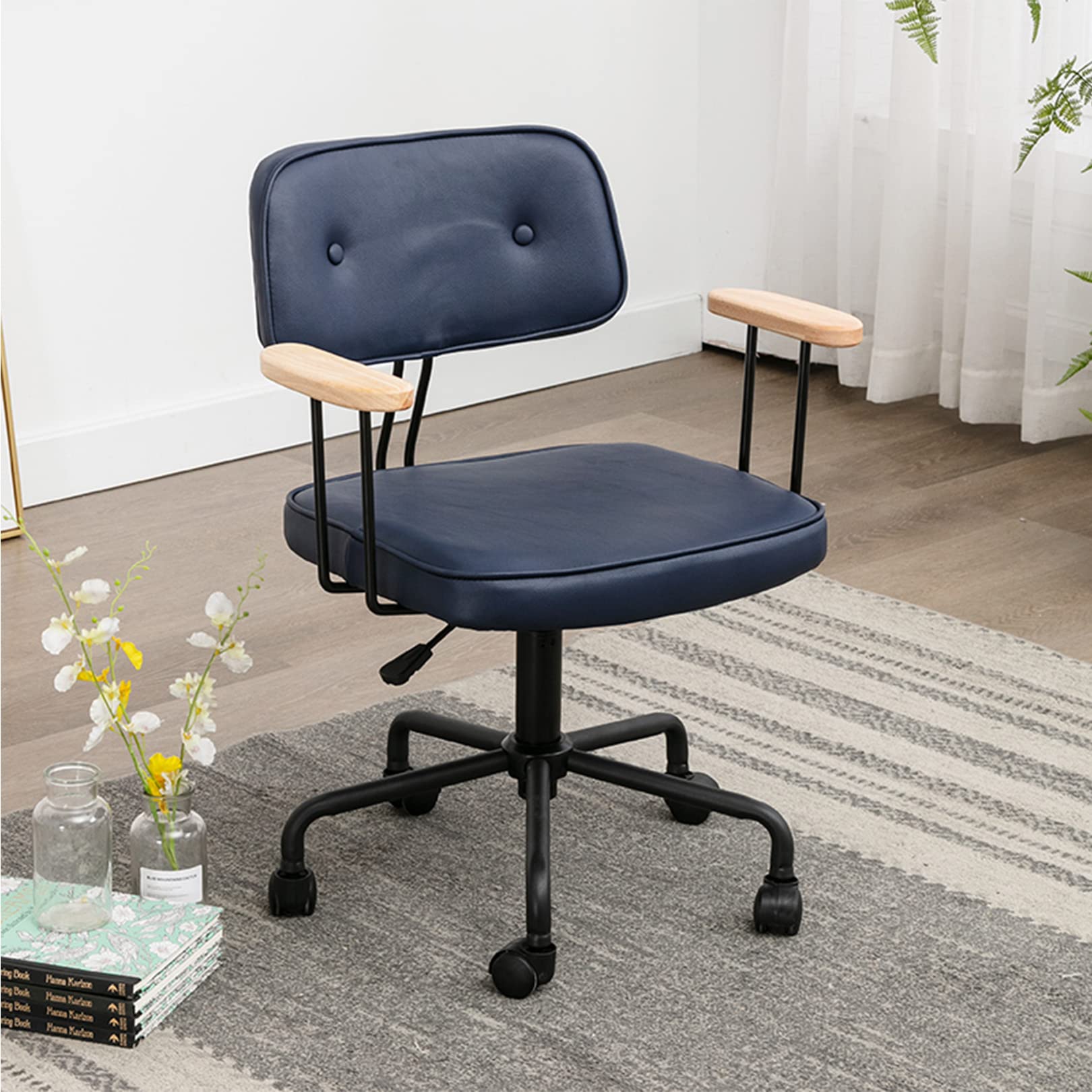 Ergonomic Mid-Back Office Chair with Wooden Armrests - Adjustable PU Leather Swivel Computer Desk Chair for Home Office, Study & Bedroom | Comfortable Workstation Seating for Long Hours of Work or Gaming