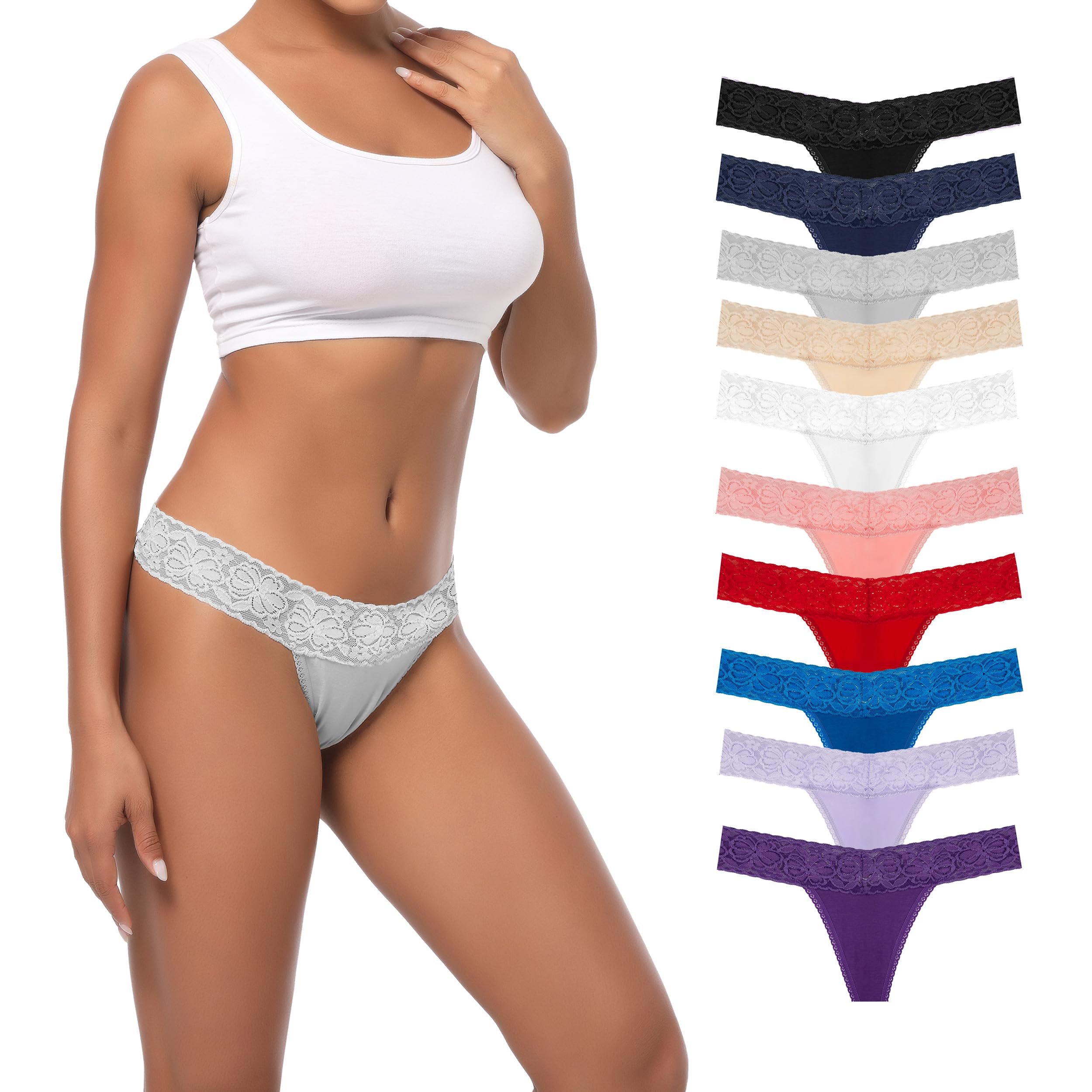 10 Pack Seamless Lace Thongs for Women - Plus Size Breathable Cotton Underwear - Low Rise T-Back No Show Panties - Perfect for Everyday Wear, Yoga & Special Occasions