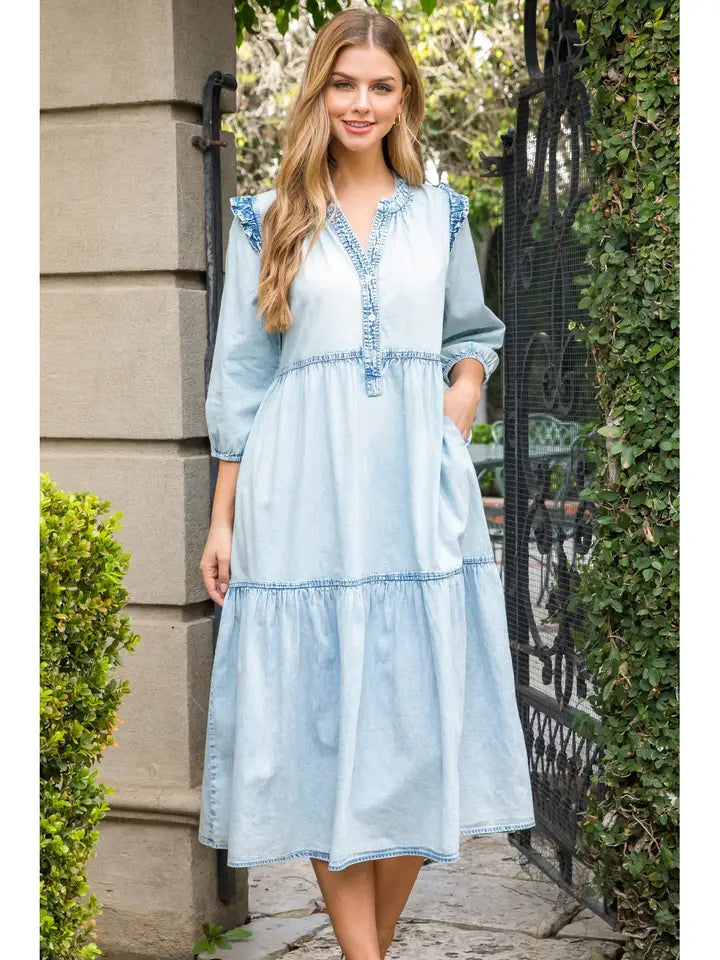 Stylish Denim Midi Dress for Women - Casual & Chic Summer Outfit - On Sale $54.40 - Perfect for Brunch Dates, Shopping Trips & Beach Vacations