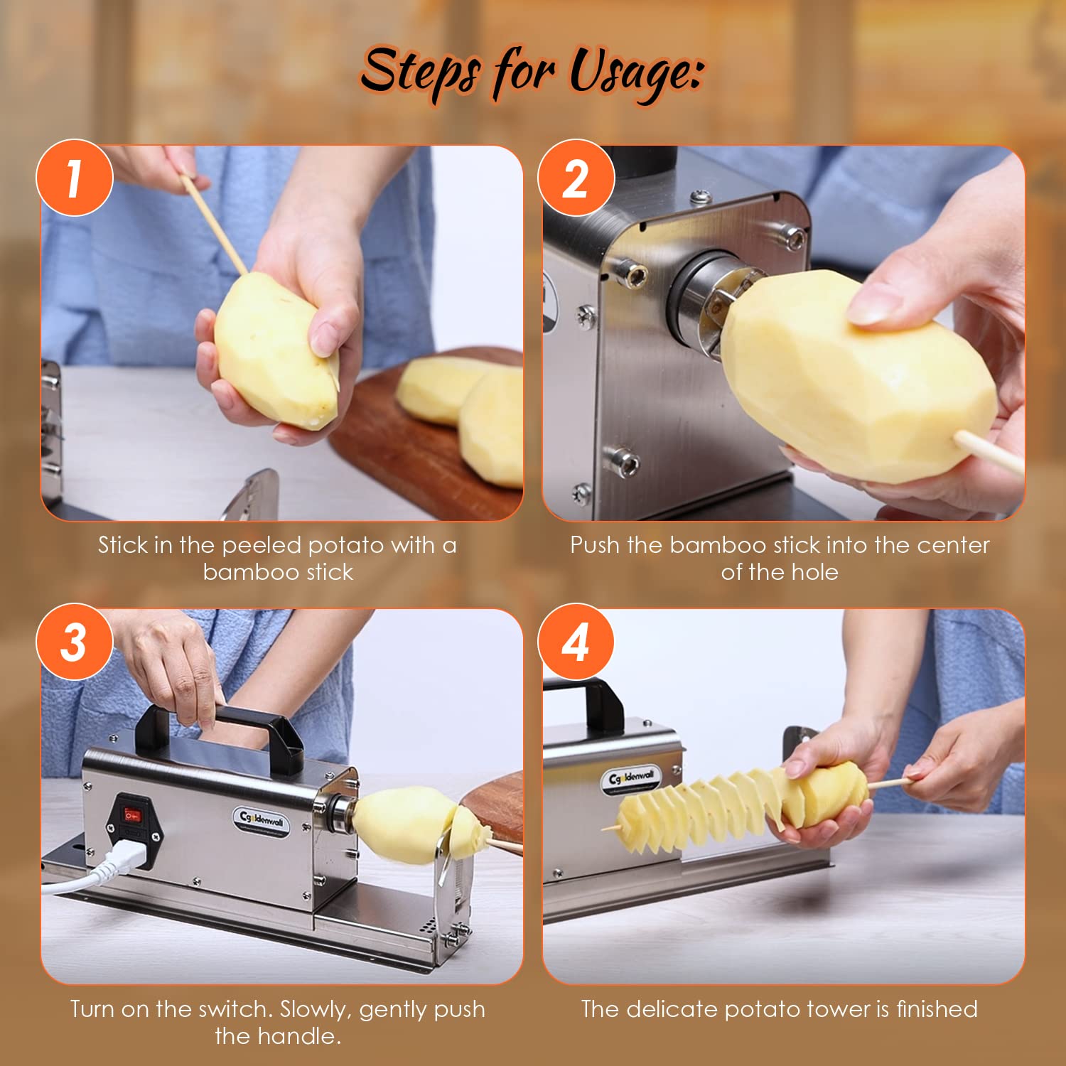 CGOLDENWALL 3-in-1 Electric Tornado Potato Slicer | Spiral Potato Cutter & Twisted Vegetable Slicer | Stainless Steel Vegetable Cutting Machine with Handle (110V) | Perfect for French Fries, Veggie Chips & Party Snacks