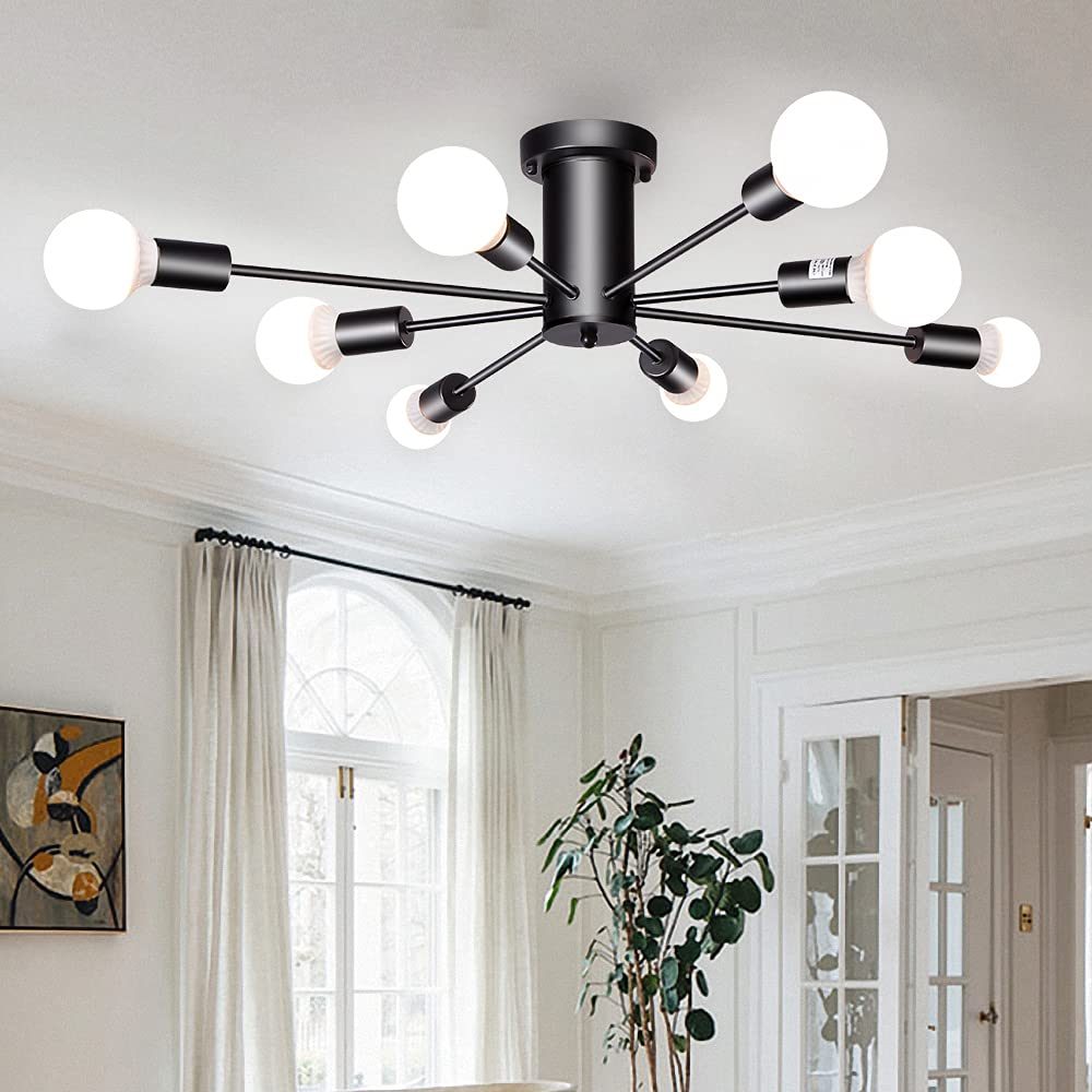 LASENCHOO 8-Light Semi Flush Mount Ceiling Fixture - Mid Century Modern Black Sputnik Chandelier for Bedroom, Living Room, Kitchen & Dining Room - Vintage Industrial Lighting for Home & Office Decor