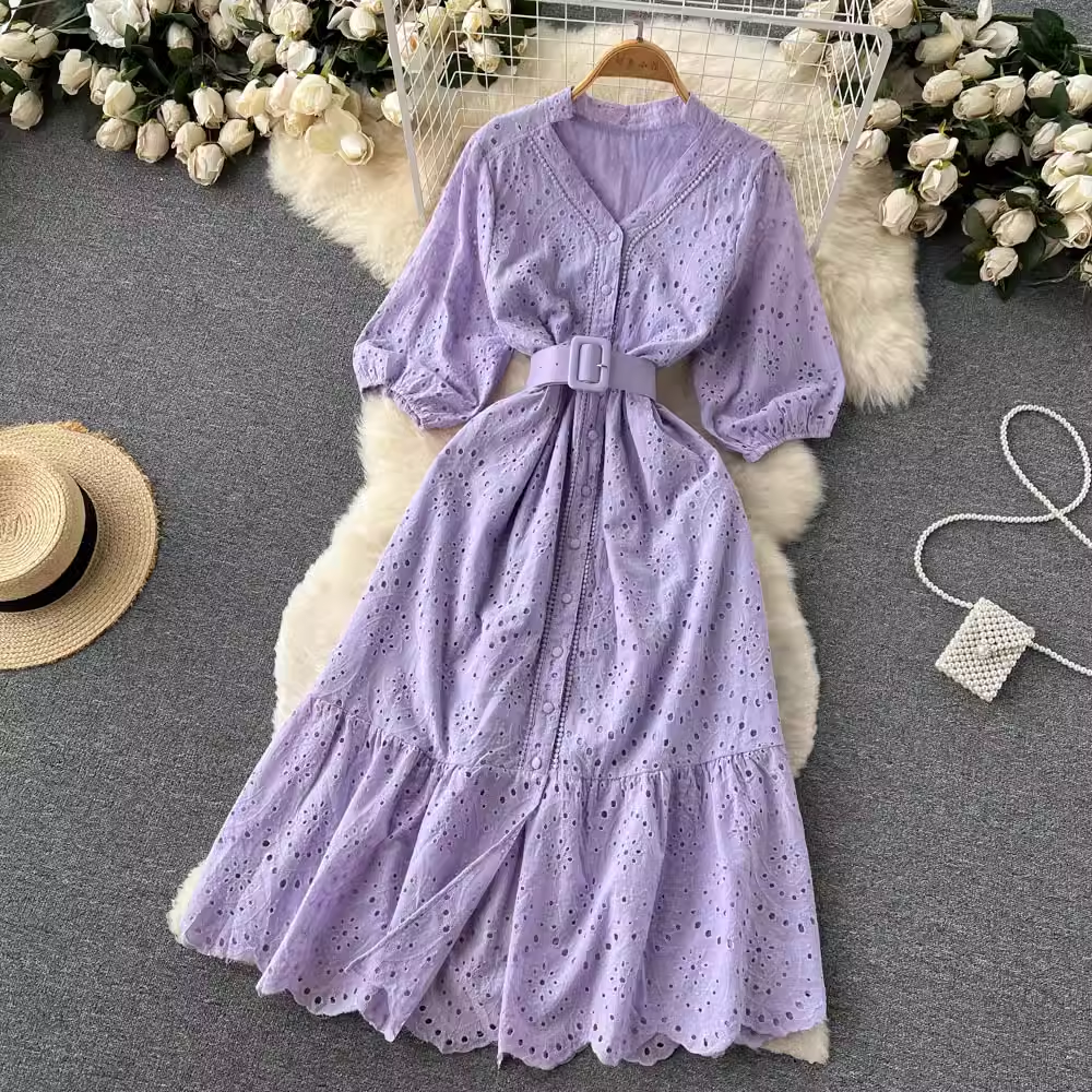 Elegant Hollow V-Neck Puff Sleeve Summer Dress - Flowy Fairy Long Skirt for Women | Perfect for Beach Vacations, Garden Parties & Romantic Dates