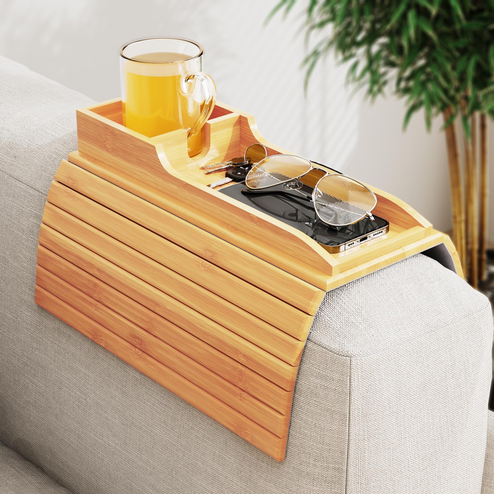 Foldable Natural Bamboo Couch Cup Holder - Anti-Slip Sofa Drink Holder & Arm Tray for Eating, Drinking, Snacks, Remote Control | Perfect for Movie Nights, Gaming, and Relaxing on the Couch