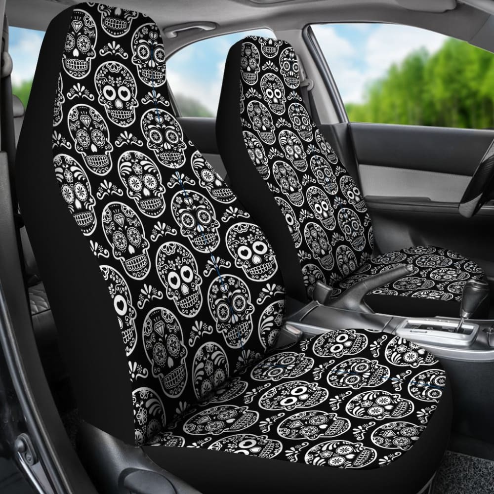 2 Pcs Sugar Skull Car Seat Covers - Halloween Dia de Los Muertos Decor for Cars - Perfect for Day of the Dead Celebrations, Car Accessories & Seasonal Decor