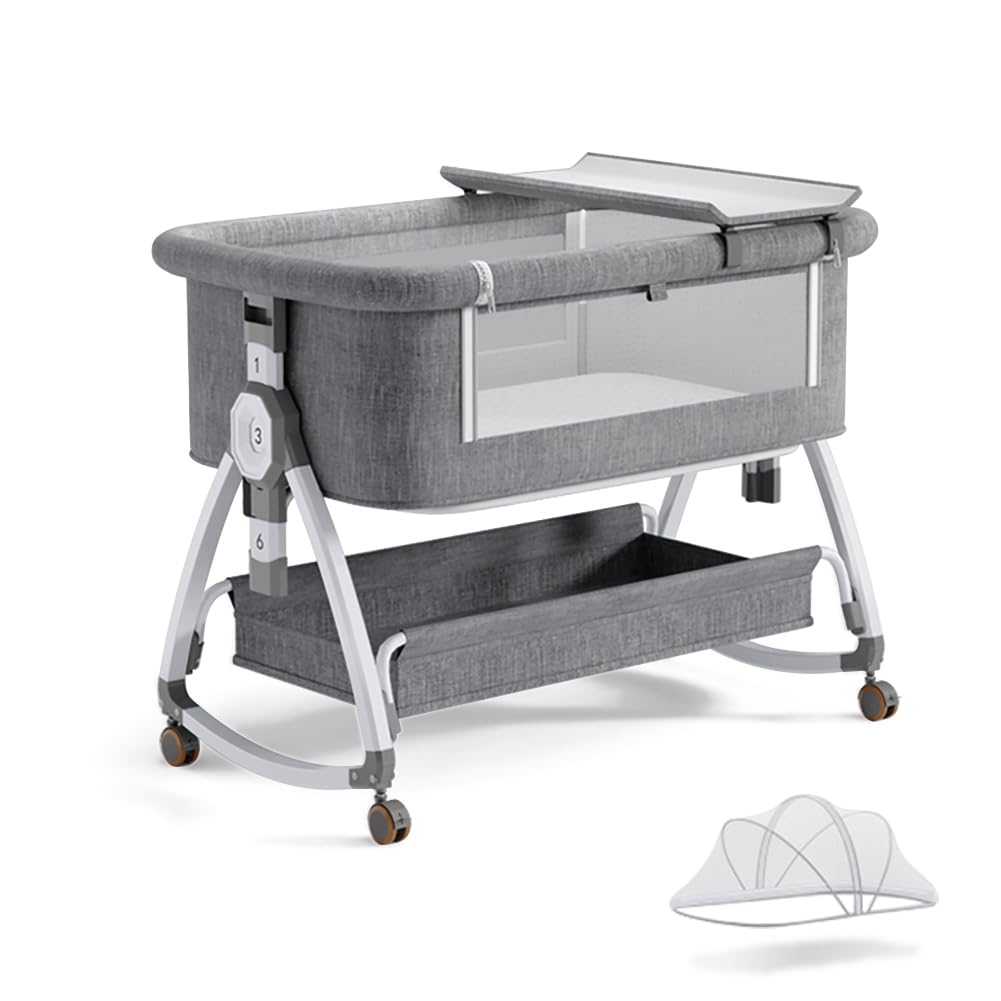Bonbay 4-in-1 Portable Baby Bassinet with Wheels, Mosquito Net & Storage Basket - 6 Height Adjustable Bedside Sleeper for Newborns | Perfect for Nursery, Bedroom & Travel Use