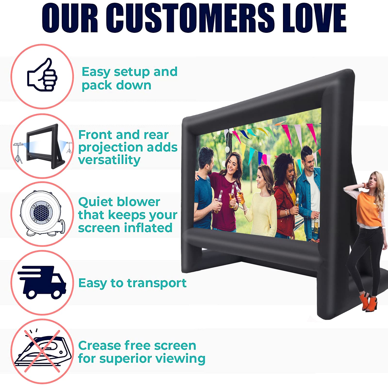 22 Feet Inflatable Projector Screen - Portable Outdoor Movie Screen for Backyard, Pool Parties & Indoor Home Theater - Includes Blower, Rope & Tent Stakes - Perfect for Movie Nights, Camping & Outdoor Events