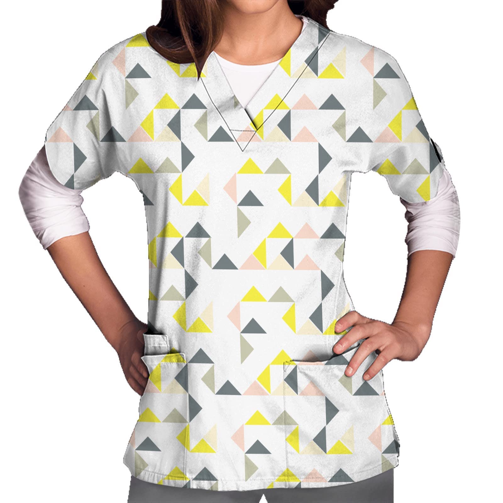 Women's Loose Fit Short Sleeve V-Neck Work Shirt with Floral Print & Pockets - Casual Summer Tops for Office, Outdoor Activities & Everyday Wear