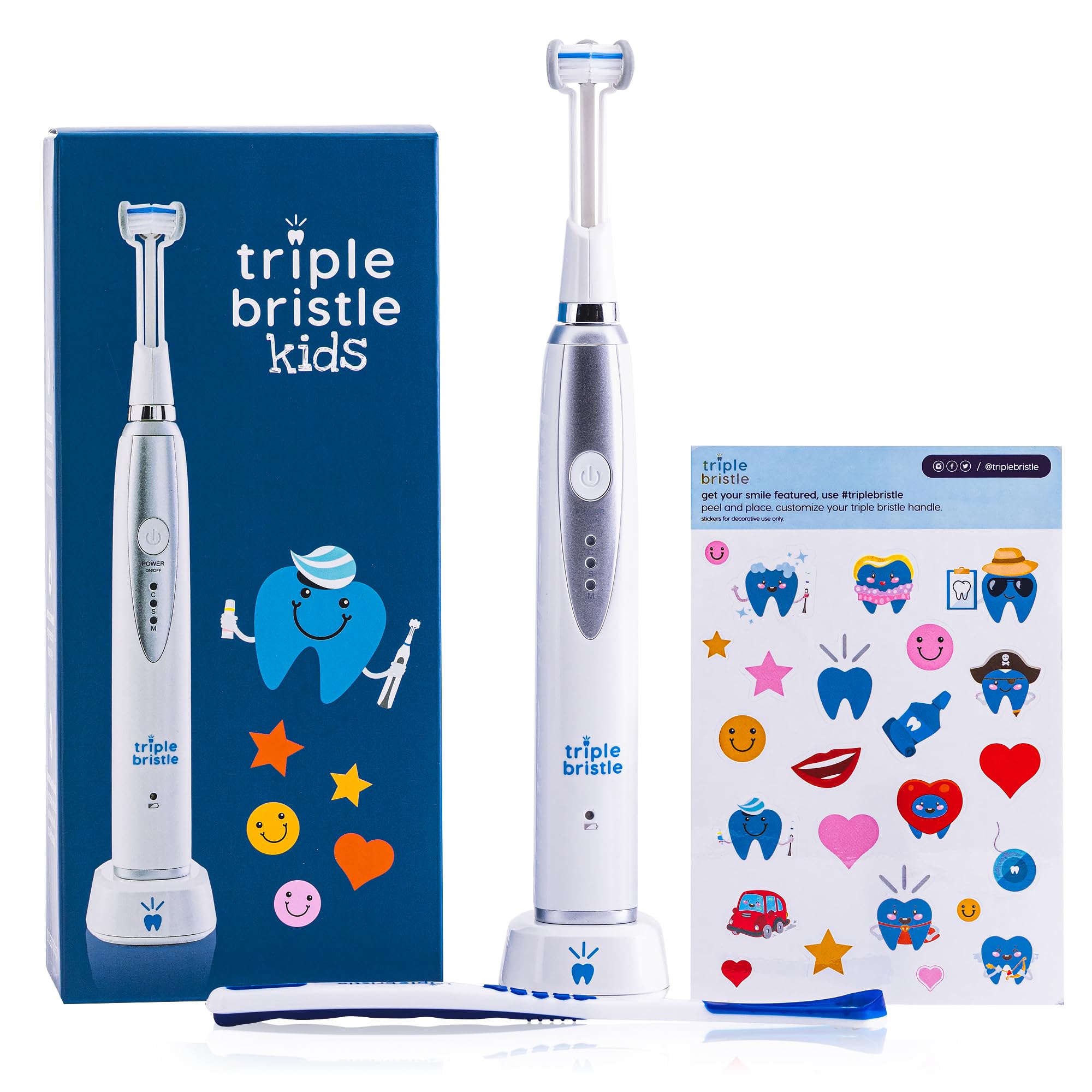 Triple Bristle Kids Electric Toothbrush - 3-Sided Sonic Toothbrush for Deep Cleaning Teeth & Gums | Dentist Recommended | Rechargeable Battery | Includes Fun Reward Stickers | Perfect for Kids Ages 3-12 | Ideal for Morning & Nighttime Brushing Routine