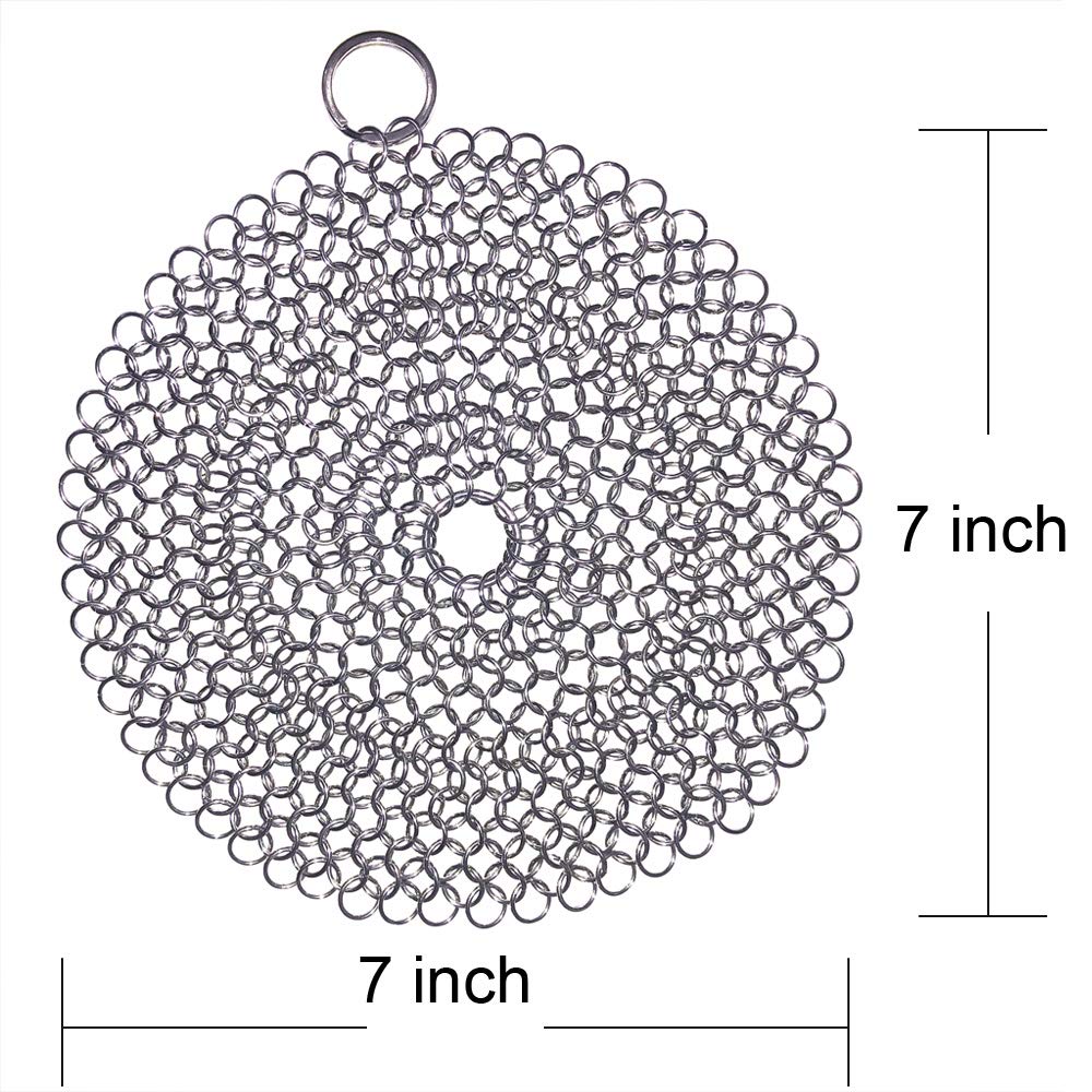 Premium 316 Stainless Steel Cast Iron Cleaner & Chainmail Scrubber - 7 Inch Round for Cast Iron Skillets, Dutch Ovens, Waffle Irons & Grill Pans - Perfect for Camping, Outdoor Cooking & Kitchen Maintenance