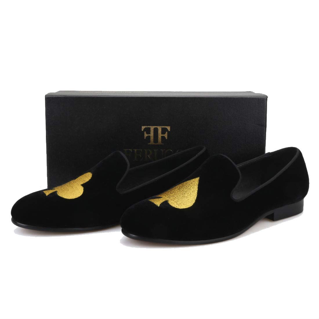 FERUCCI Men's Black Velvet Loafers with Gold Embroidered Spade & Club - Comfortable House Slippers for Indoor/Outdoor Wear, Perfect Gift for Dad & Husband