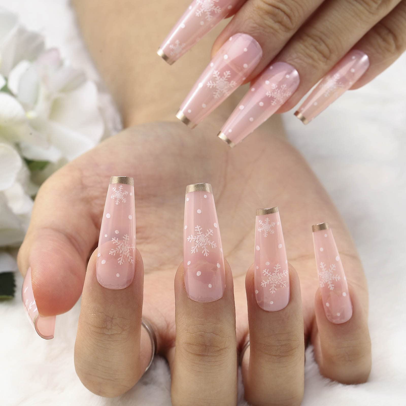 Acenail Extra Long Coffin Press on Nails - 24Pcs French Snowflake Design Glossy Fake Nails with Full Cover Tips | DIY Acrylic Nails for Women & Girls | Perfect for Parties, Weddings & Special Occasions