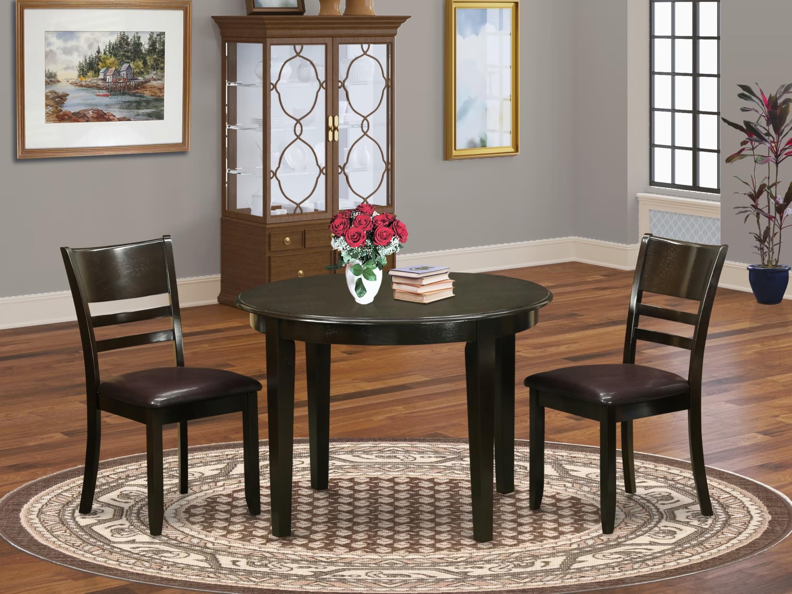 East West Furniture BOLY3-CAP-LC 3-Piece Round Dining Table Set with 2 Faux Leather Chairs, 42x42 Inch, Cappuccino - Perfect for Small Kitchen, Breakfast Nook & Apartment Dining Space