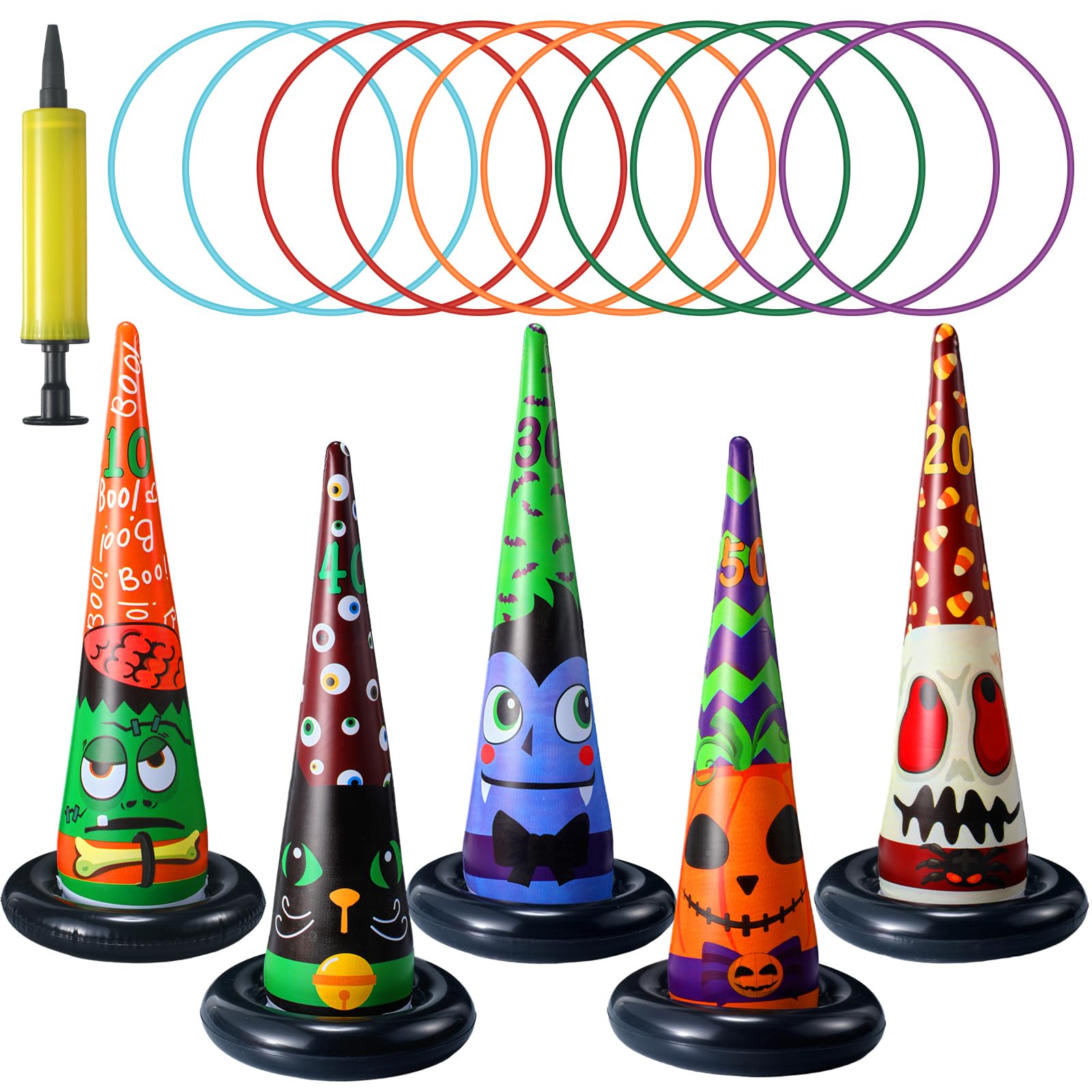 Capoda 16-Piece Halloween Ring Toss Game Set with Toss Rings, Pump & Witch Hat - Fun Outdoor/Indoor Party Game for Families, Kids & Adults - Perfect for Halloween Decorations, Garden Parties & Backyard Games