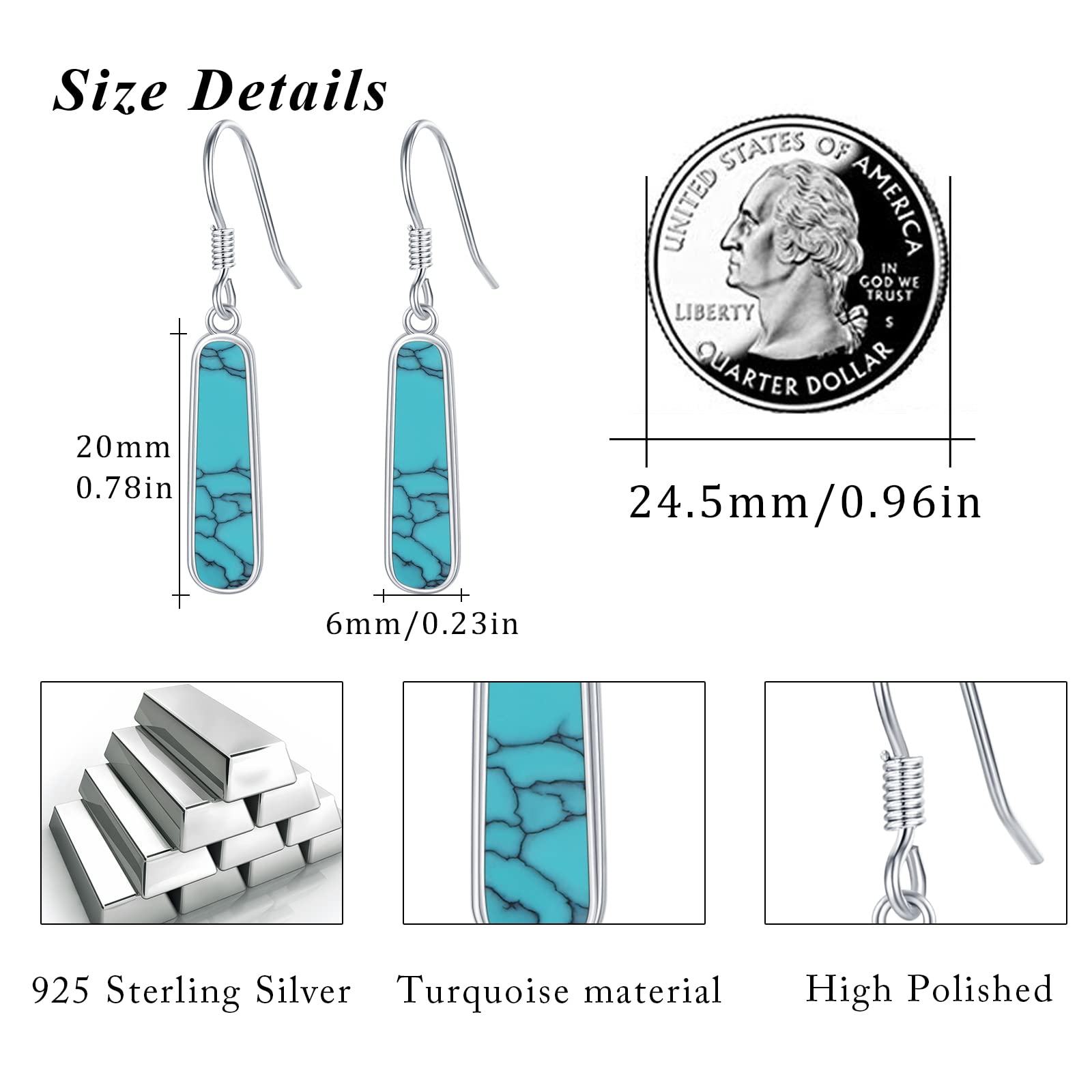 Turquoise Dangle Earrings for Women - S925 Sterling Silver Rectangle Leverback Gemstone Jewelry | Perfect for Parties, Weddings & Everyday Wear