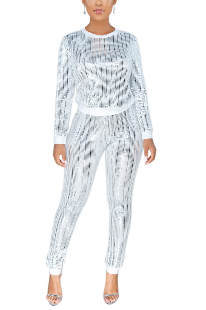 WOKANSE Women's Sequin Glitter Long Sleeve Sweatshirt & Skinny Pants 2-Piece Outfit Set - Casual Party Wear for Christmas, New Year, and Night Out