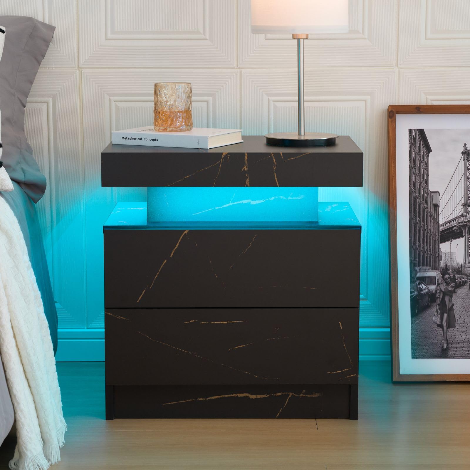 Modern LED Nightstand with 2 Drawers - Wooden Bedside Table with Touch Control LED Lights for Bedroom - Stylish End Table & Side Table for Living Room - Perfect for Reading, Charging Devices & Bedroom Decor