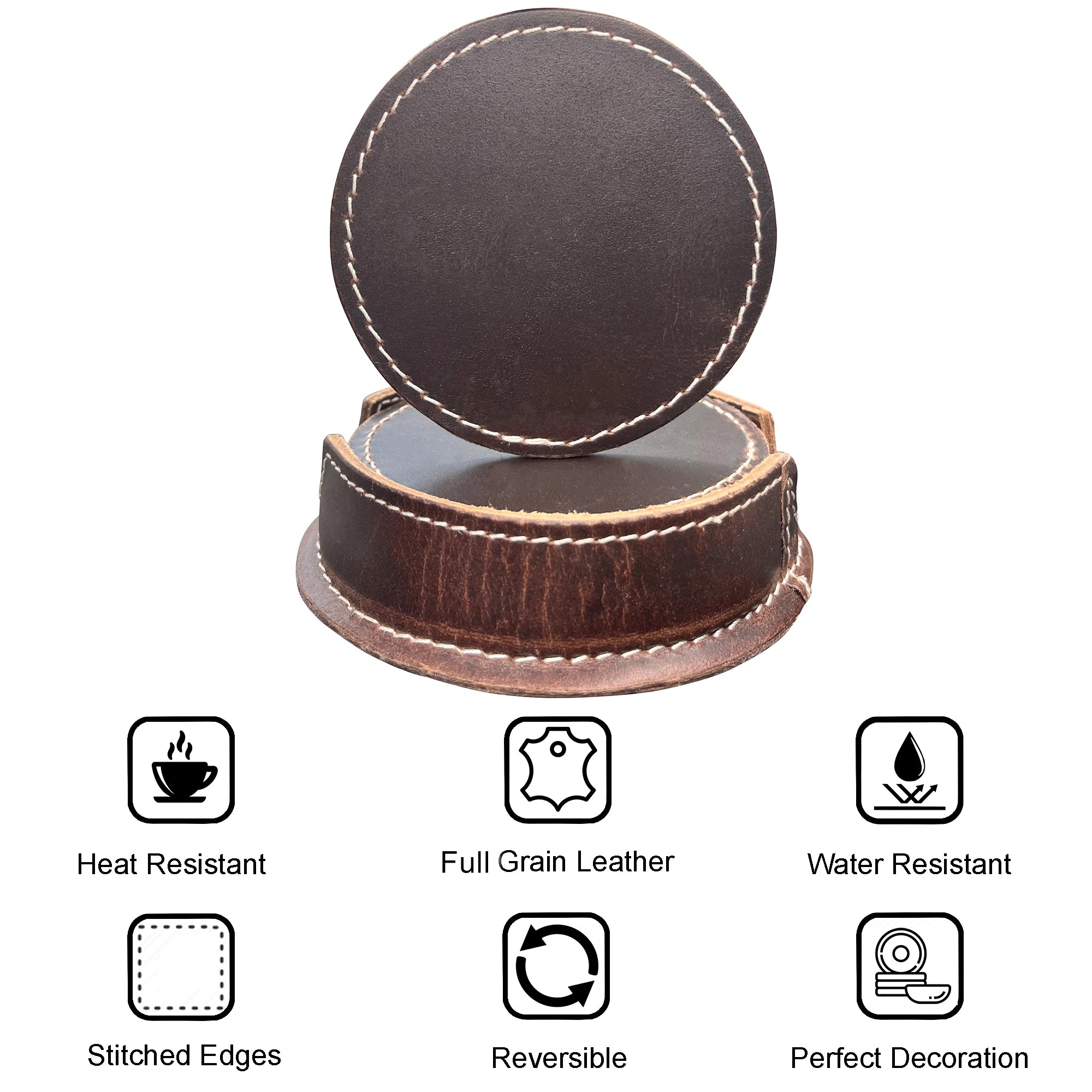 Premium Handmade Leather Drink Coasters Set - Absorbent & Durable Cup Coasters for Coffee, Wine & Beer - Perfect for Home, Office & Bar Decor