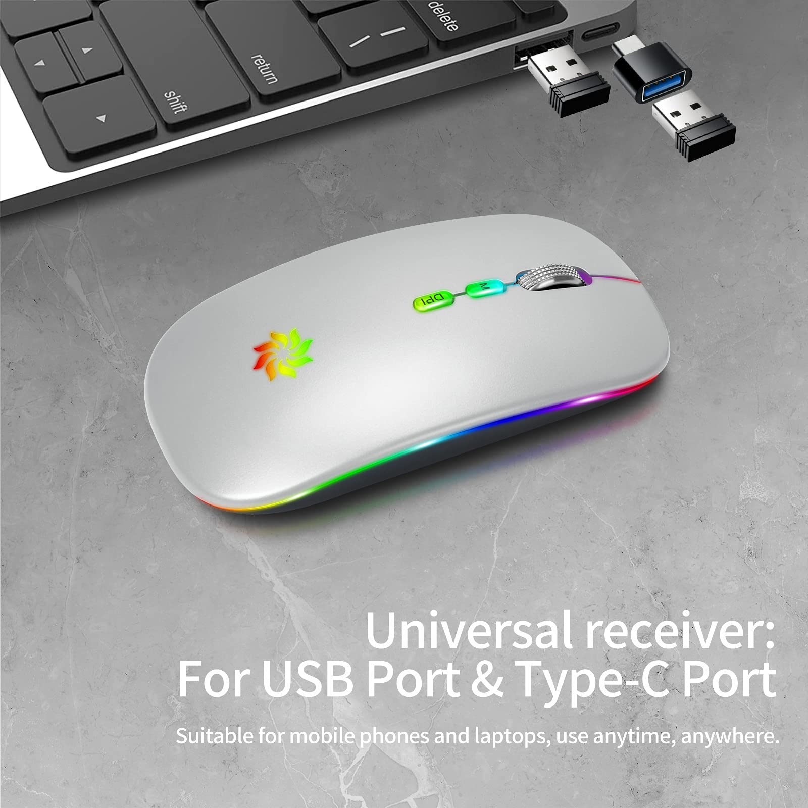 KBCASE Slim Silent Wireless Mouse - 2.4G Rechargeable LED Mouse for Laptop, MacBook, iPad, Chromebook with USB & Type-C Receiver - Perfect for Office, Home, and Travel Use