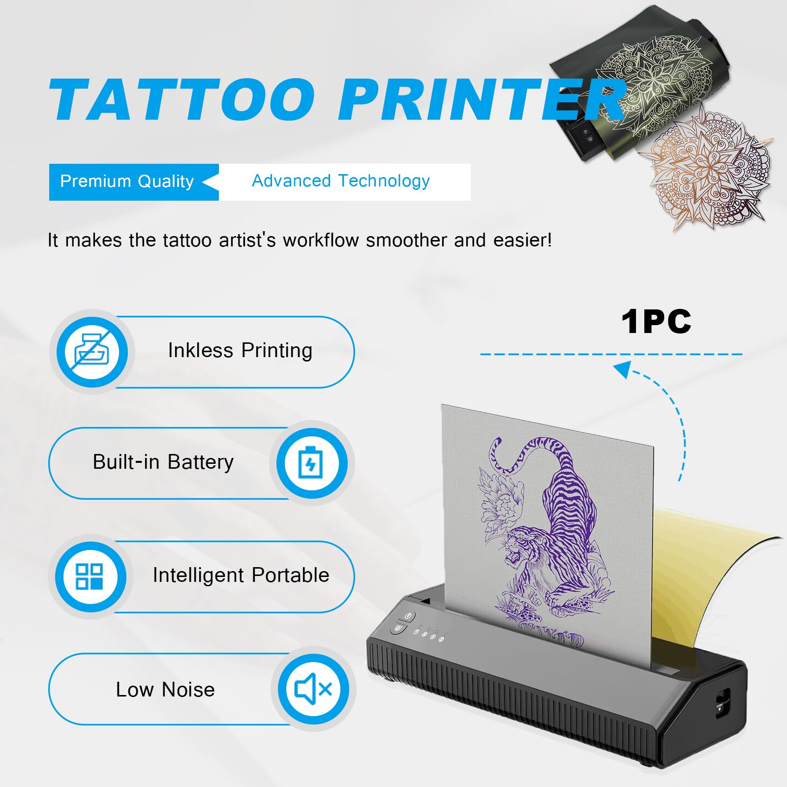 Emalla Bluetooth Thermal Tattoo Stencil Printer - Portable Wireless Tattoo Machine Printer for Artists & Beginners | Compatible with Android, iOS, Windows | Perfect for Tattoo Studio, Home Practice & Professional Use