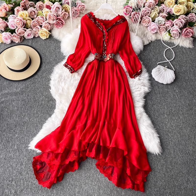 Embroidered V-Neck Dress with Ruffle Trim - Elegant Long Skirt for Women | Perfect for Weddings, Parties & Special Occasions