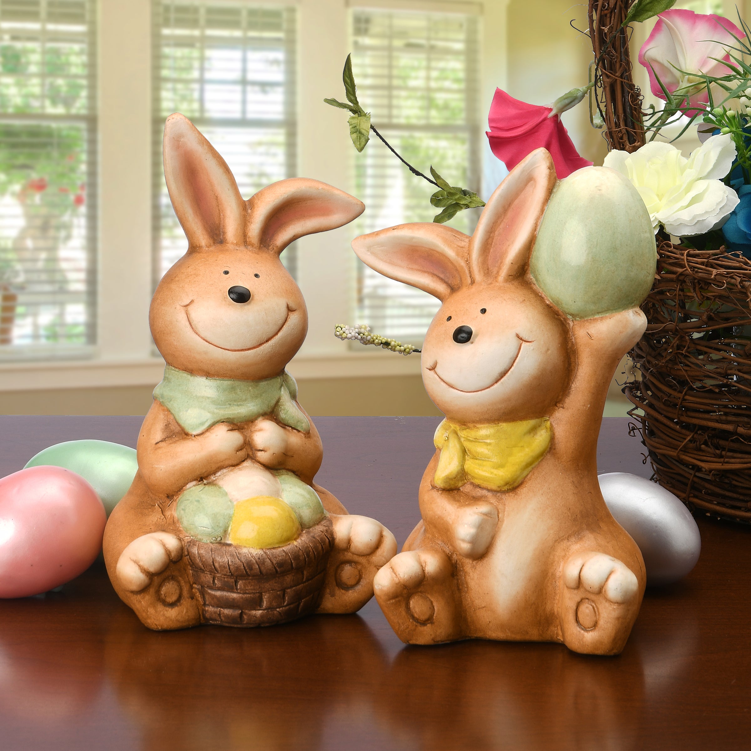 7 Inch Easter Bunny Figurines Holding Eggs - Spring Table Decor for Easter Party, Home, and Office Decoration