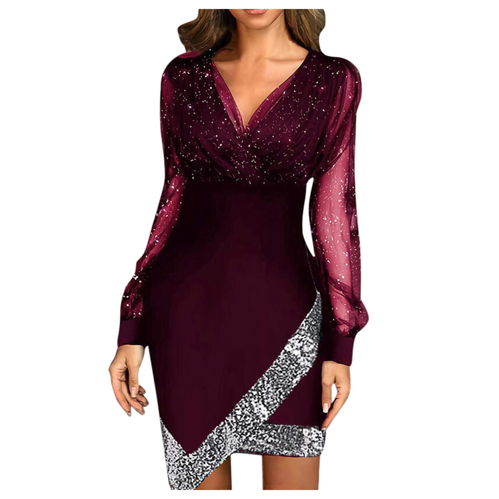 Yousity Women's Sexy Sheer Striped Mesh Patchwork Bodycon Mini Dress - Long Sleeve Fitted Cocktail Party & Work Dress for Night Out, Club, Office & Special Occasions