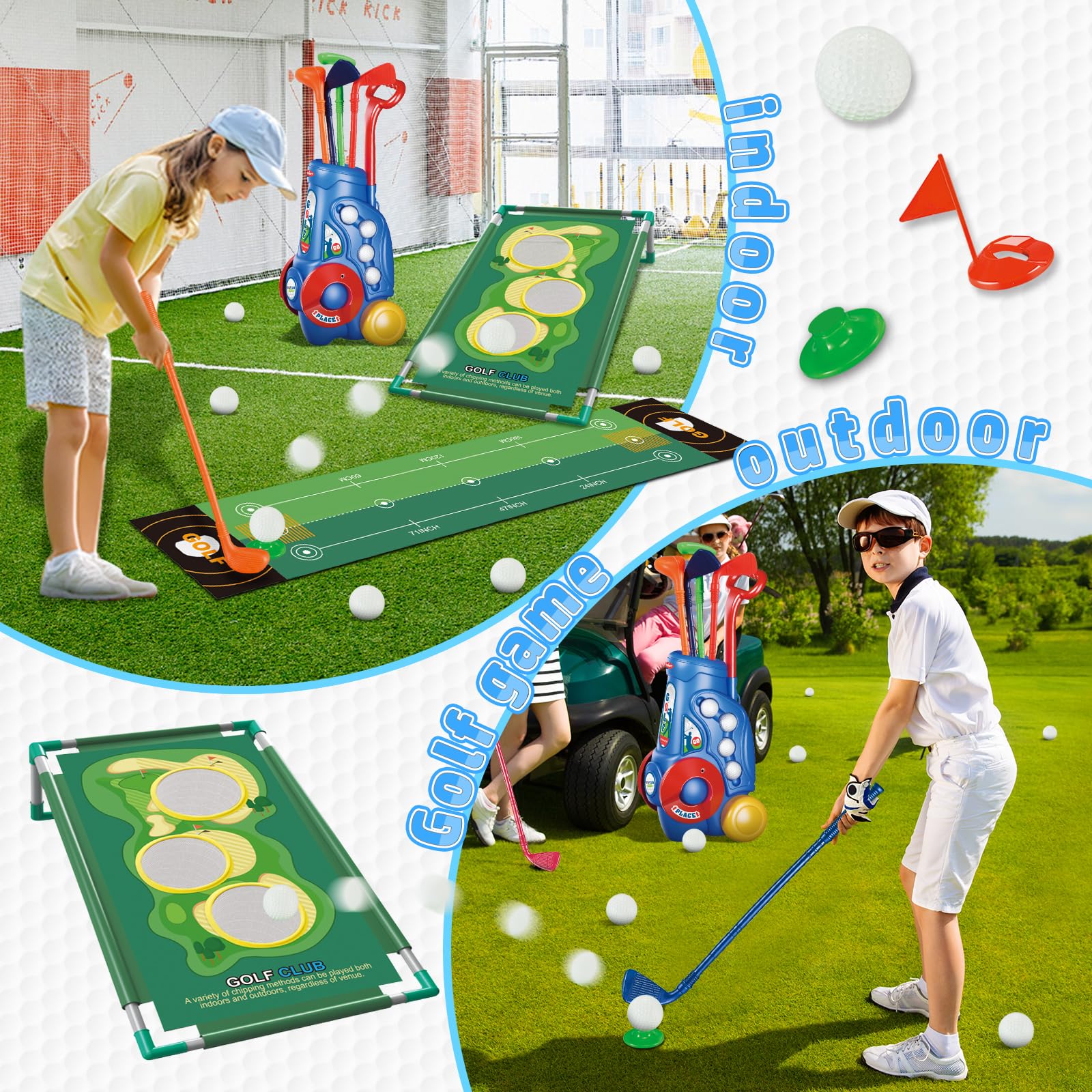 2 in 1 Kids Golf Club Play Set with Golf Board, 4 Golf Balls & Clubs - Portable Storage Bin - Perfect Indoor/Outdoor Golf Toys for Toddlers Age 3+ - Ideal Birthday Gift for Boys & Girls - Great for Backyard Play, Birthday Parties & Family Fun Activities