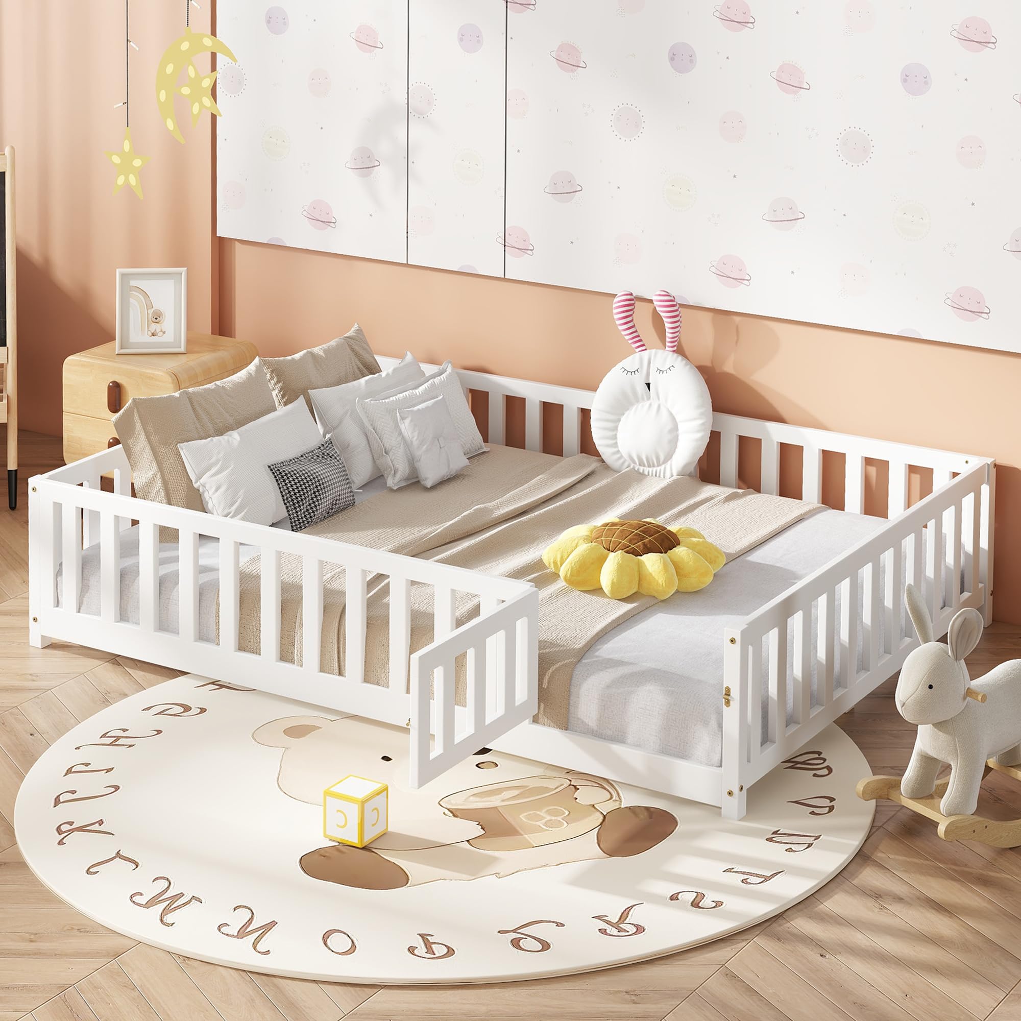 Bellemave Full Size Montessori Floor Bed Frame with Fence & Door - Solid Wood Platform Bed for Kids, Boys & Girls - No Box Spring Needed - White - Perfect for Montessori Bedrooms, Toddler Safety & Kids' Room Decor