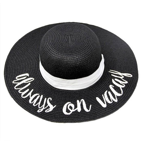 Always on Vacay Embroidered Straw Floppy Sun Hat for Women - Wide Brim Beach Hat with UPF 50+ Sun Protection - Perfect for Vacation, Pool Party, and Summer Outings