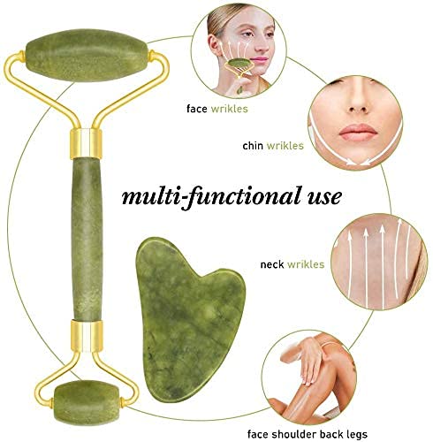 Jade Roller & Gua Sha Scraper Set - Natural Jade Facial Massage Tool for Anti-Aging, Puffiness Relief & Skin Tightening - Includes Face, Neck & Eye Massager - Perfect for Skincare Routine & Relaxation Therapy