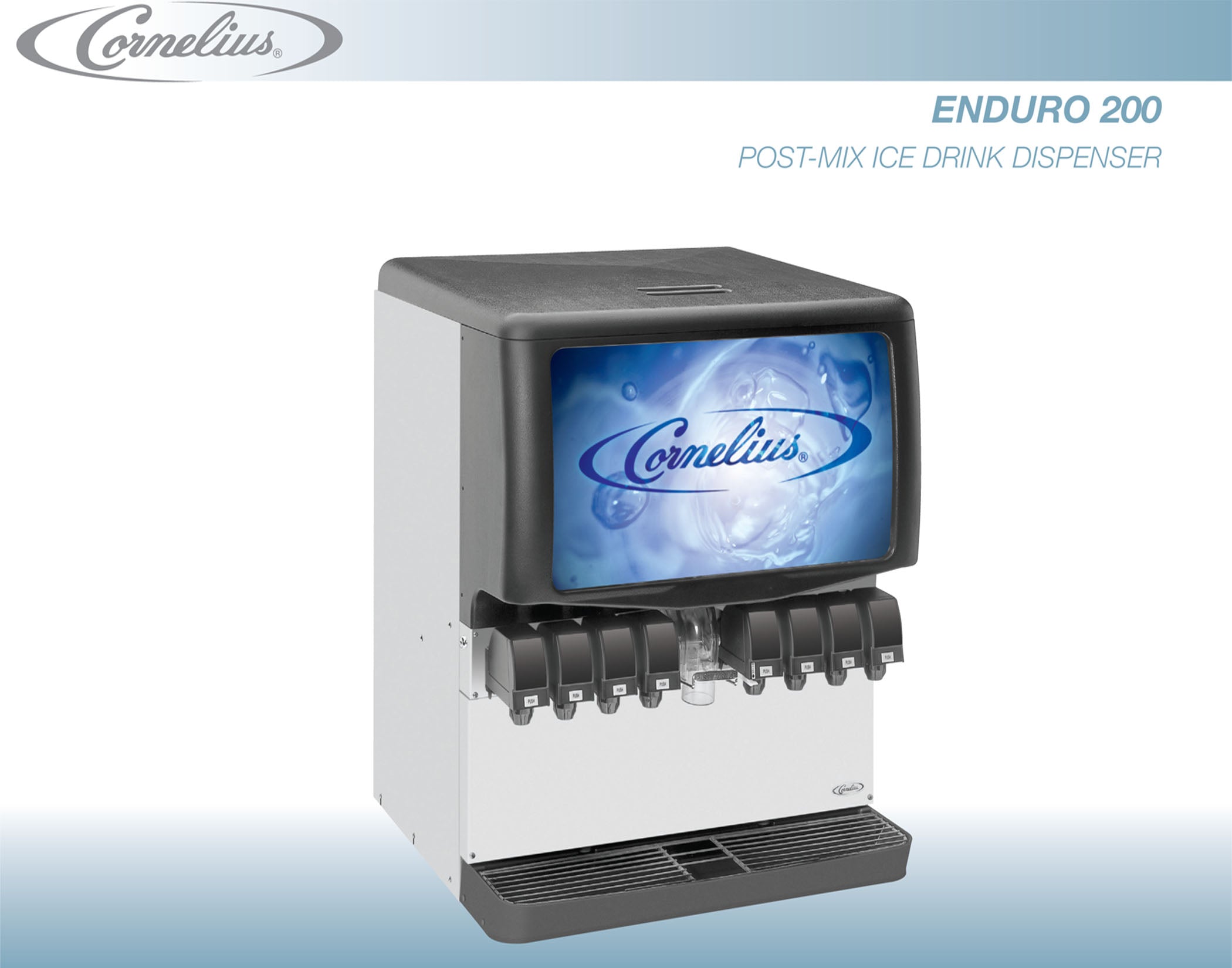 Cornelius 30” Wide 8 or 10 Drink Ice Combo Enduro 200 Beverage Dispenser with Sanitary Lever/Push Button Valves & Cabinet Stand - Free Shipping | Perfect for Restaurants, Cafes, and Catering Events