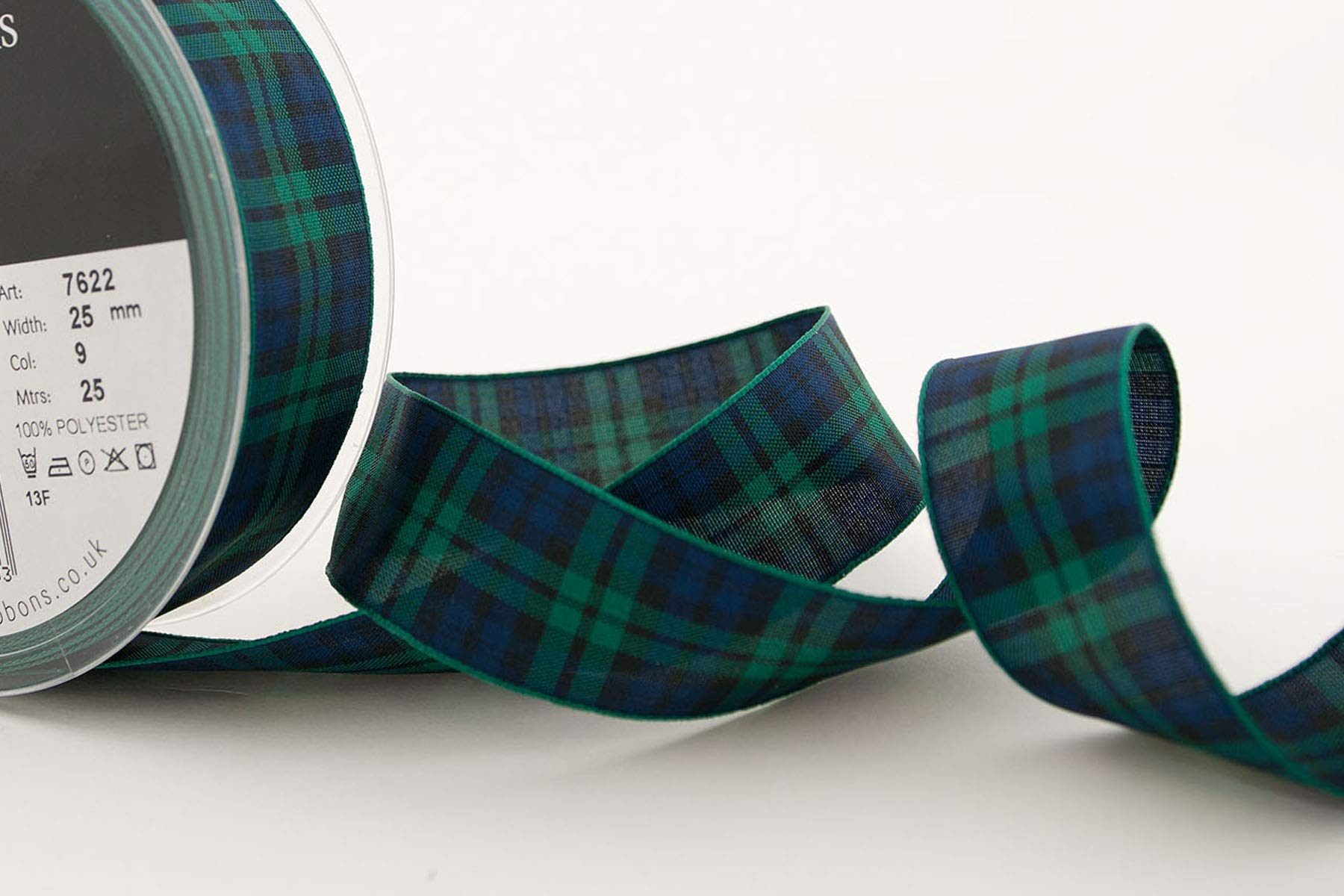 Berisfords Premium Black Tartan Ribbon - 1 Inch Wide Scottish Plaid Grosgrain Ribbon for Gift Wrapping, Crafts, Hair Bows, and DIY Decorations