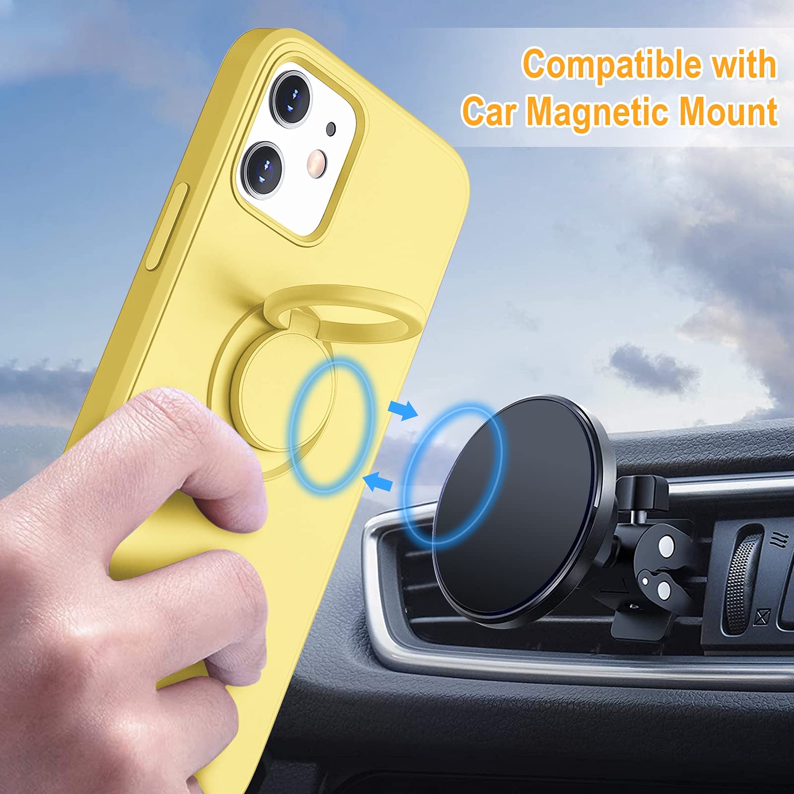 Hython Shockproof Magnetic Phone Case for iPhone 12 & 12 Pro - 360° Rotatable Ring Stand with Kickstand, Anti-Slip Rubber Protection & Microfiber Lining (Yellow) | Perfect for Workouts, Travel & Hands-Free Viewing