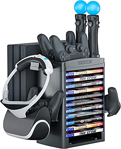 Skywin PS4 VR Headset Charging Station - PSVR Stand with Cooling Fan, Controller Charger, USB Hub & Game Disc Storage | Perfect for Gaming Setup & VR Accessories Organization