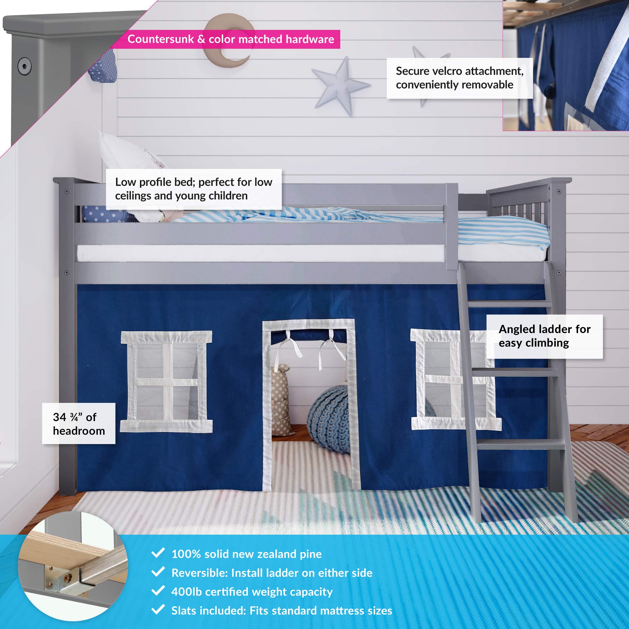 Max & Lily Low Loft Twin Bed Frame for Kids with Privacy Curtains - Space-Saving Grey/Blue Design for Small Bedrooms & Playrooms