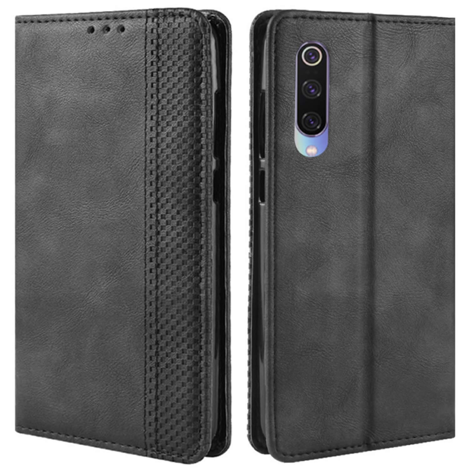 Xiaomi Mi 9 SE Phone Case - Premium Retro PU Leather Magnetic Flip Cover with Card Holder & Kickstand | Shockproof Full Body Protection | Perfect for Business, Travel & Daily Use (Black)