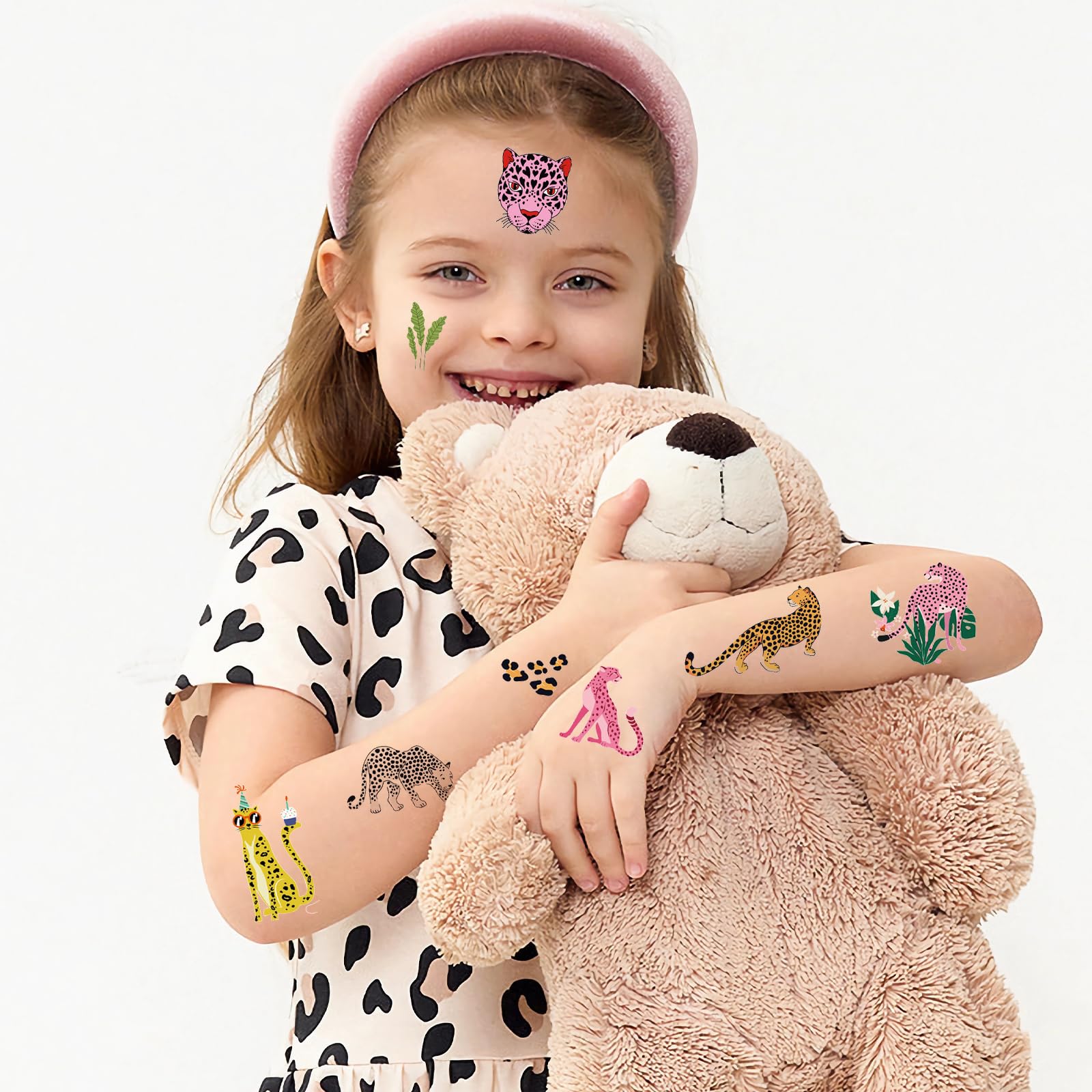 Konsait Cheetah Print Temporary Tattoos - 10 Sheets, Pink & Yellow Animal Print Stickers for Cheetah Birthday Party Decorations, Kids Party Favors, Wild Safari Theme Events & Costume Accessories
