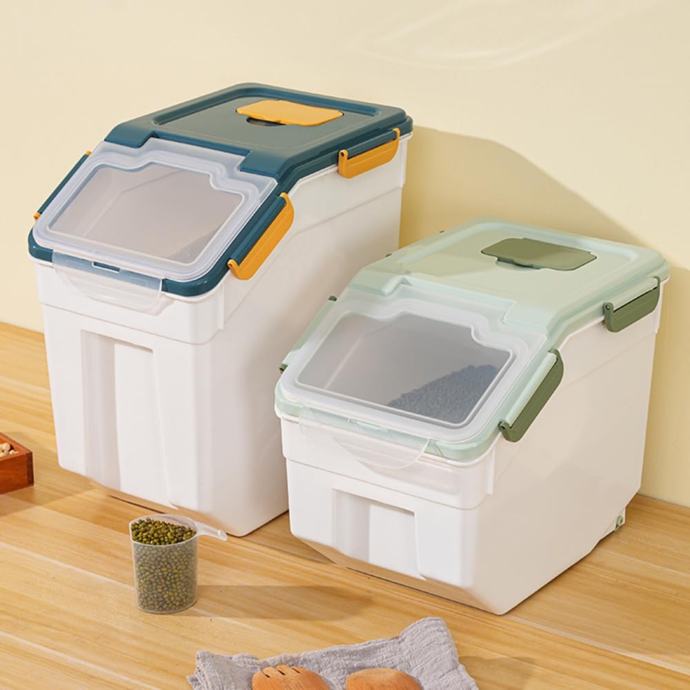 25lb Large Airtight Flour Storage Container with Wheels - 4 Pack BPA-Free Food Storage Bins with Seal Locking Lid & Measuring Scoop - Perfect for Flour, Rice, Grains, Cereal - Ideal for Kitchen Pantry Organization & Bulk Food Storage (Blue)