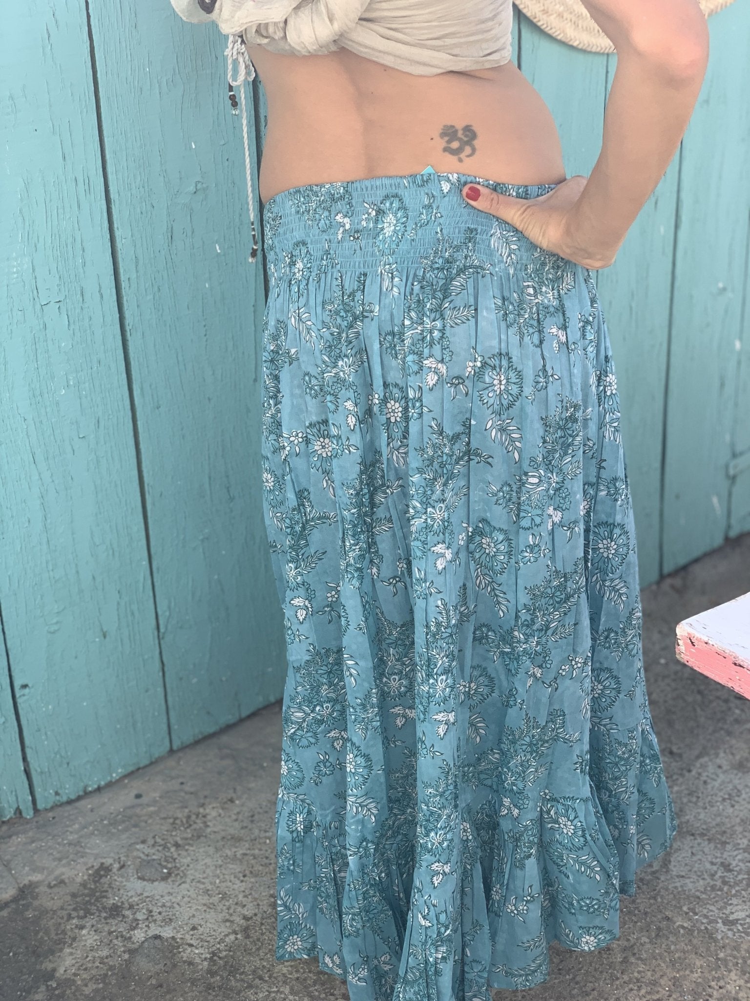 Lorenza Turquoise Block Print Skirt | Floral Printed Bohemian Maxi Skirt for Women | Perfect for Beach Vacations, Summer Outfits & Boho Fashion