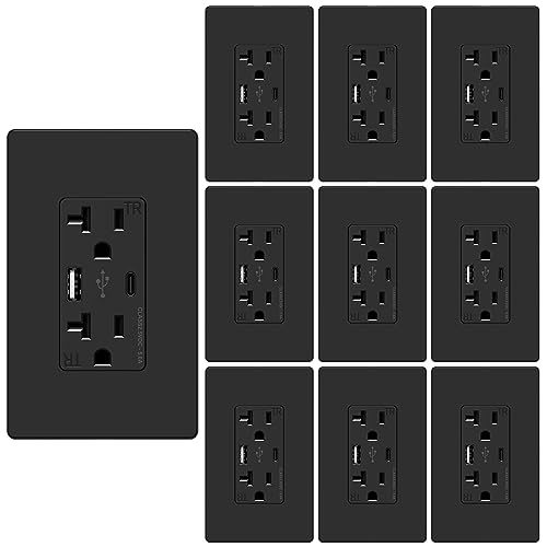 25W 5.0A Dual USB C Outlet - 2-Port Fast Charging Wall Receptacle with Tamper Resistant 20A Design, Includes Screwless Wall Plate (10 Pack, Glossy Black, ETL Certified) - Perfect for Home, Office & Hotel Charging Stations