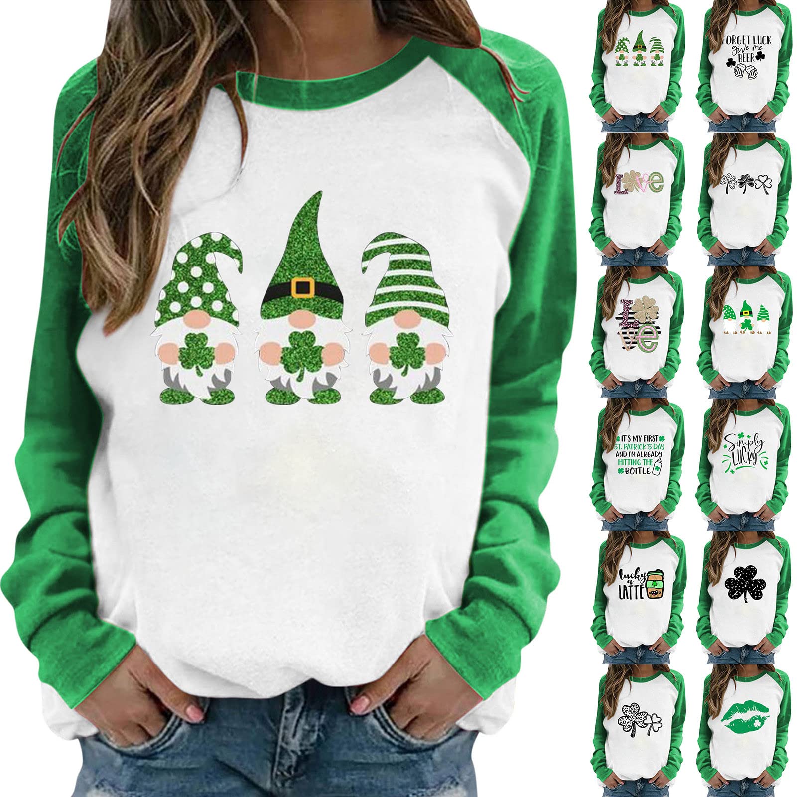Women's St. Patrick's Day T-Shirt - Green Crew Neck Sweatshirt with Shamrock Design | St. Patty's Day Apparel for Parties & Festivals