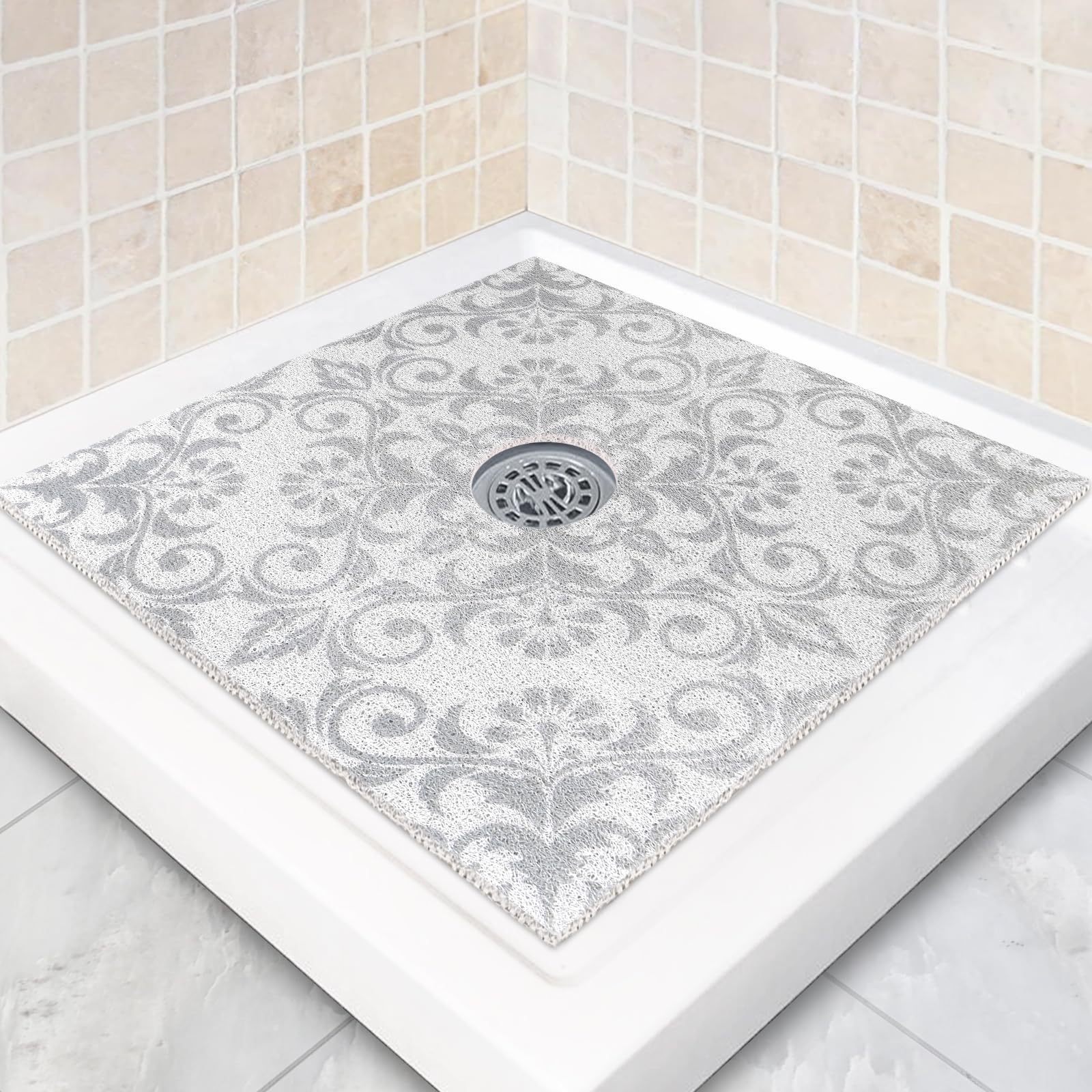 Non-Slip Square Shower Mat 27x27 Inch with Drain Hole - PVC Loofah Bathroom Floor Mat for Shower & Bathtub Safety - Perfect for Wet Rooms, Bathrooms & Spa Areas