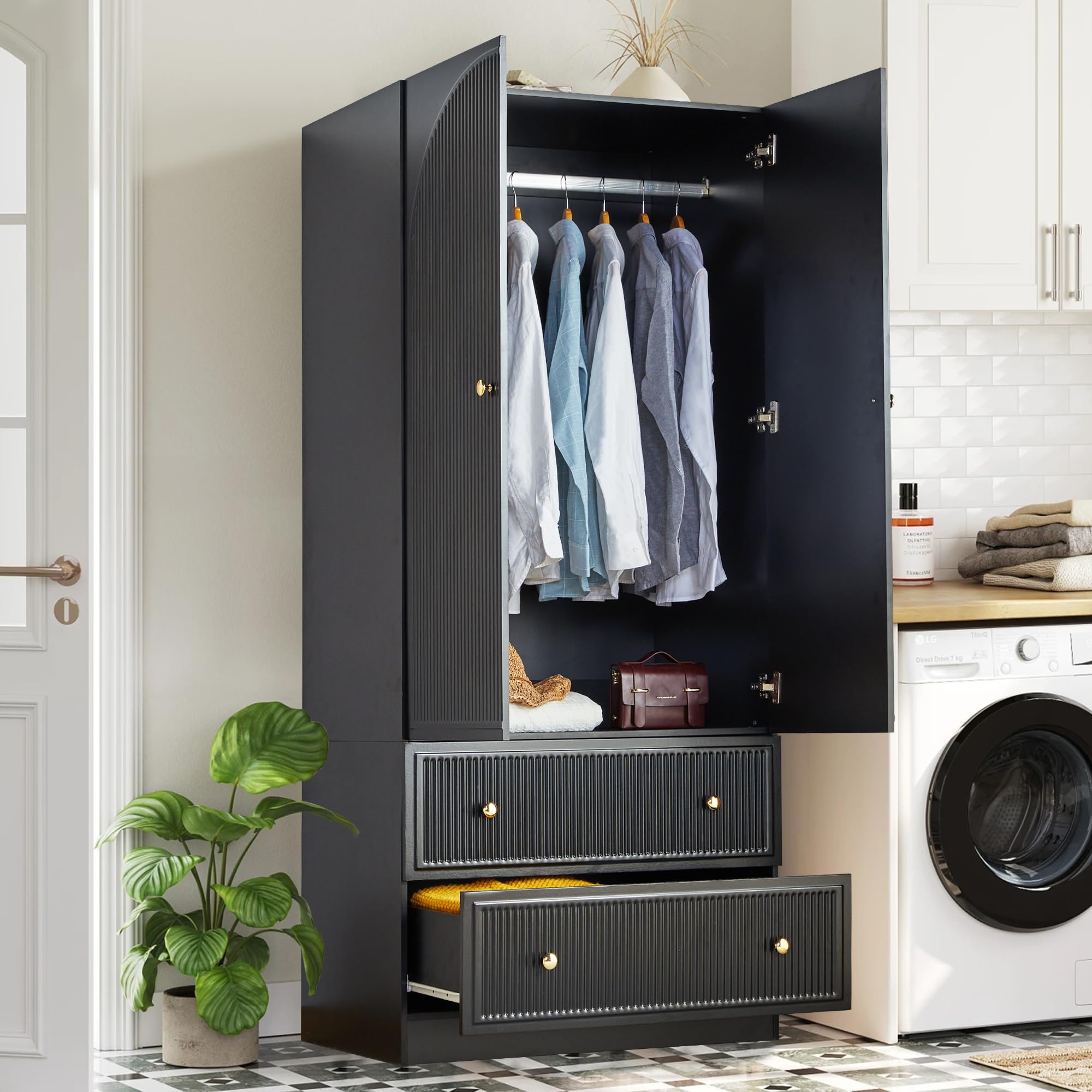 ORRD 2-Door Freestanding Armoire Wardrobe Closet - Large Capacity Wooden Storage Cabinet with 2 Drawers for Bedroom, Black | Perfect for Organizing Clothes, Blankets & Seasonal Items in Small Spaces
