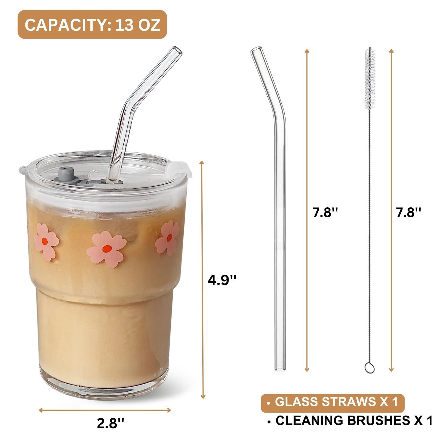 13oz Glass Tumbler with Glass Straw & Lid - Reusable Iced Coffee Cup, Water Bottle, Drinking Glass - Perfect for Iced Coffee, Tea, Smoothies & Cold Drinks - Pink Floral Design